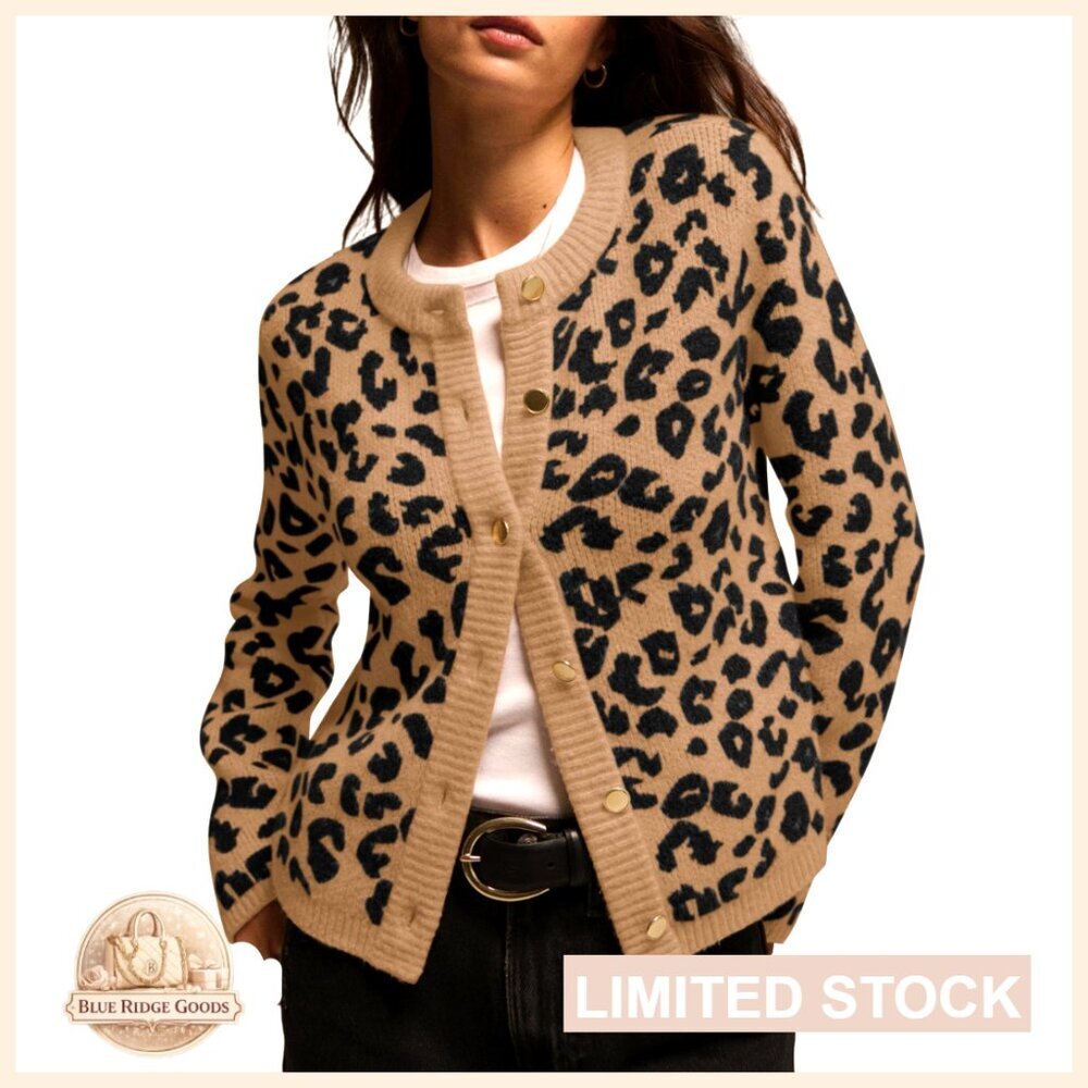 Leopard Print Cardigan Open Front Sweater Button Down Knit Long Sleeve